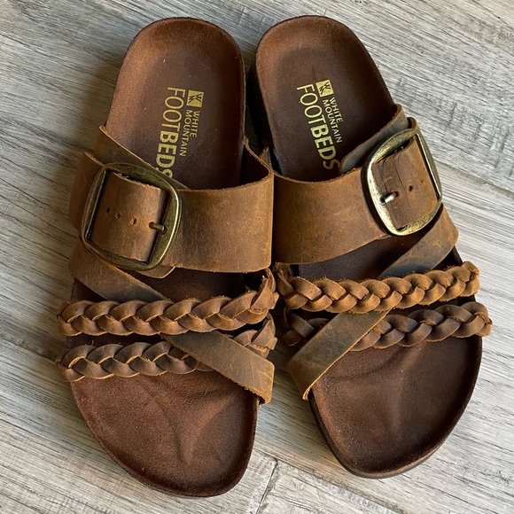 White Mountain Brown Leather Sandals Braided Straps Large Brass Buckle SZ 6 - Picture 8 of 14